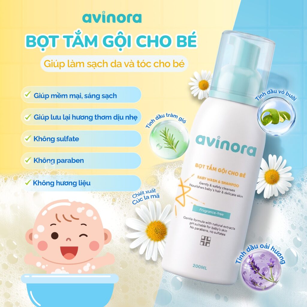 Bọt tắm gội cho bé Avinora lành tính, dịu nhẹ
